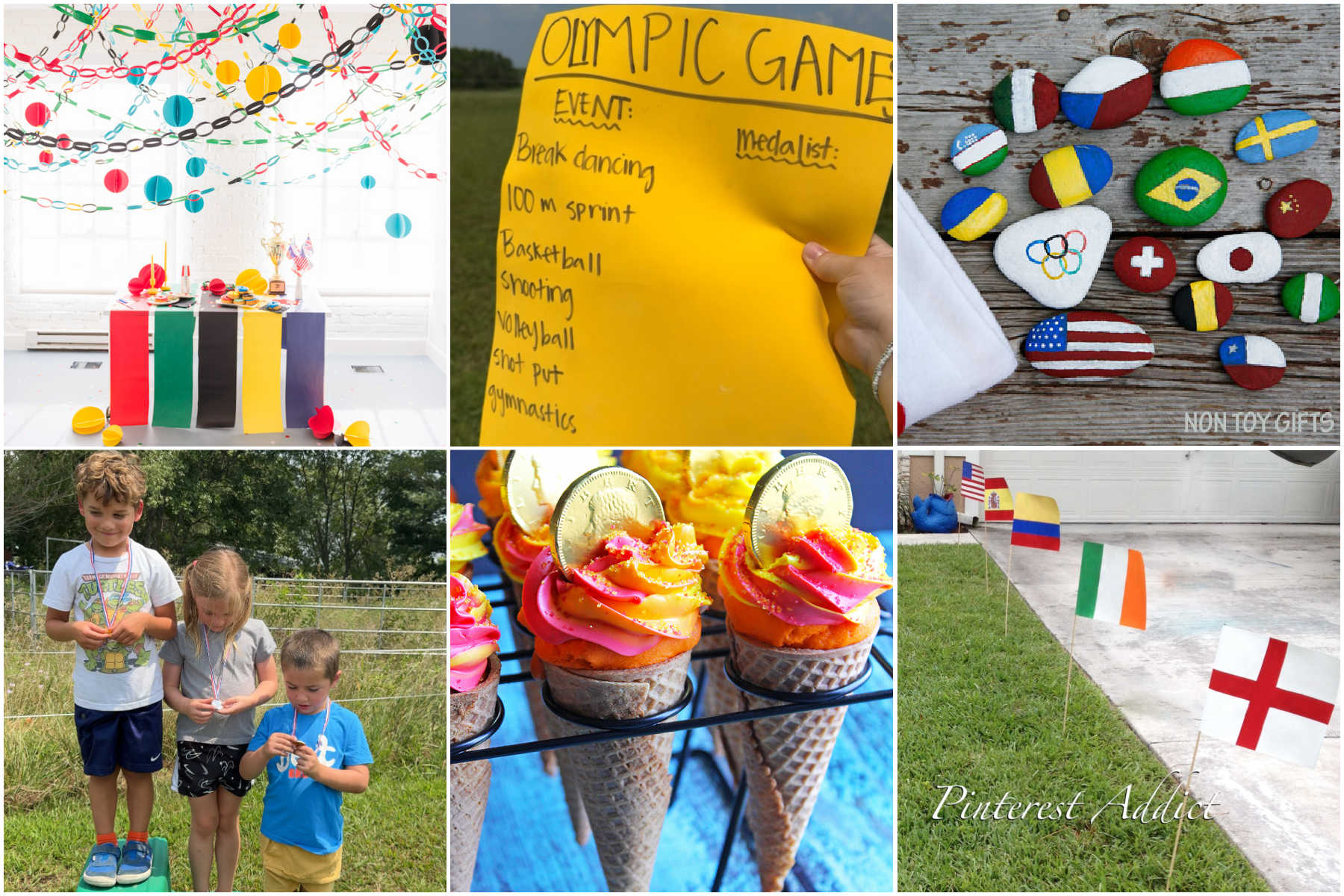 six images showing Olympic party ideas