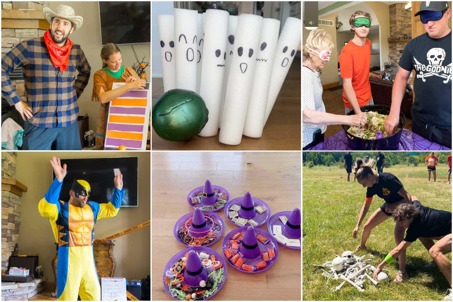 six images showing people playing Halloween party games
