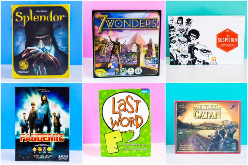 six board games for adults in a collage