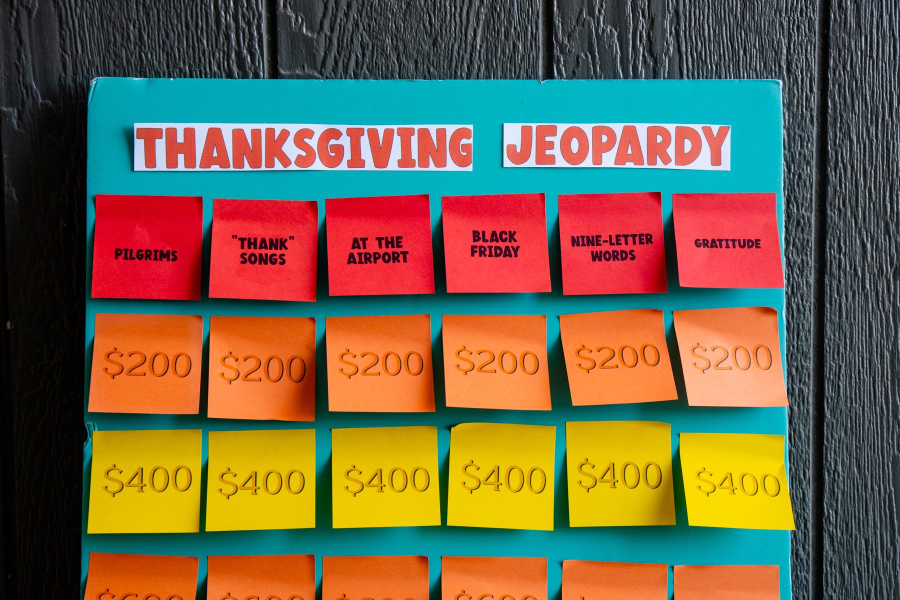 Thanksgiving Jeopardy board made with post-it notes