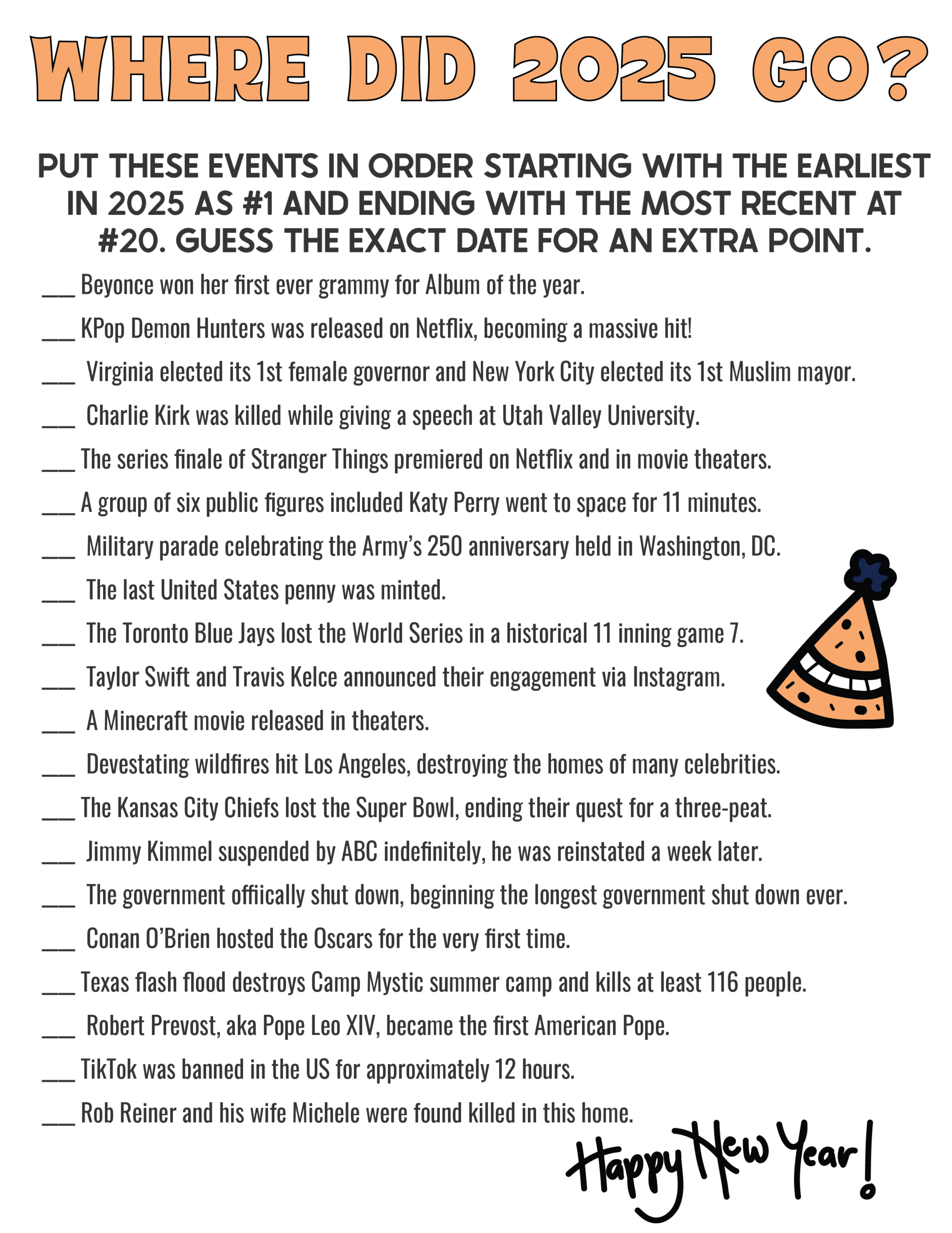 New Year's eve trivia game based on dates