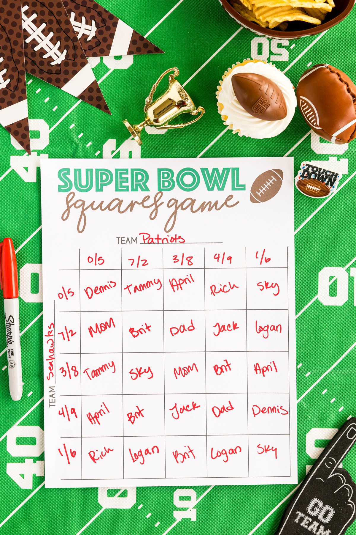 filled out Super Bowl squares template with 25 squares