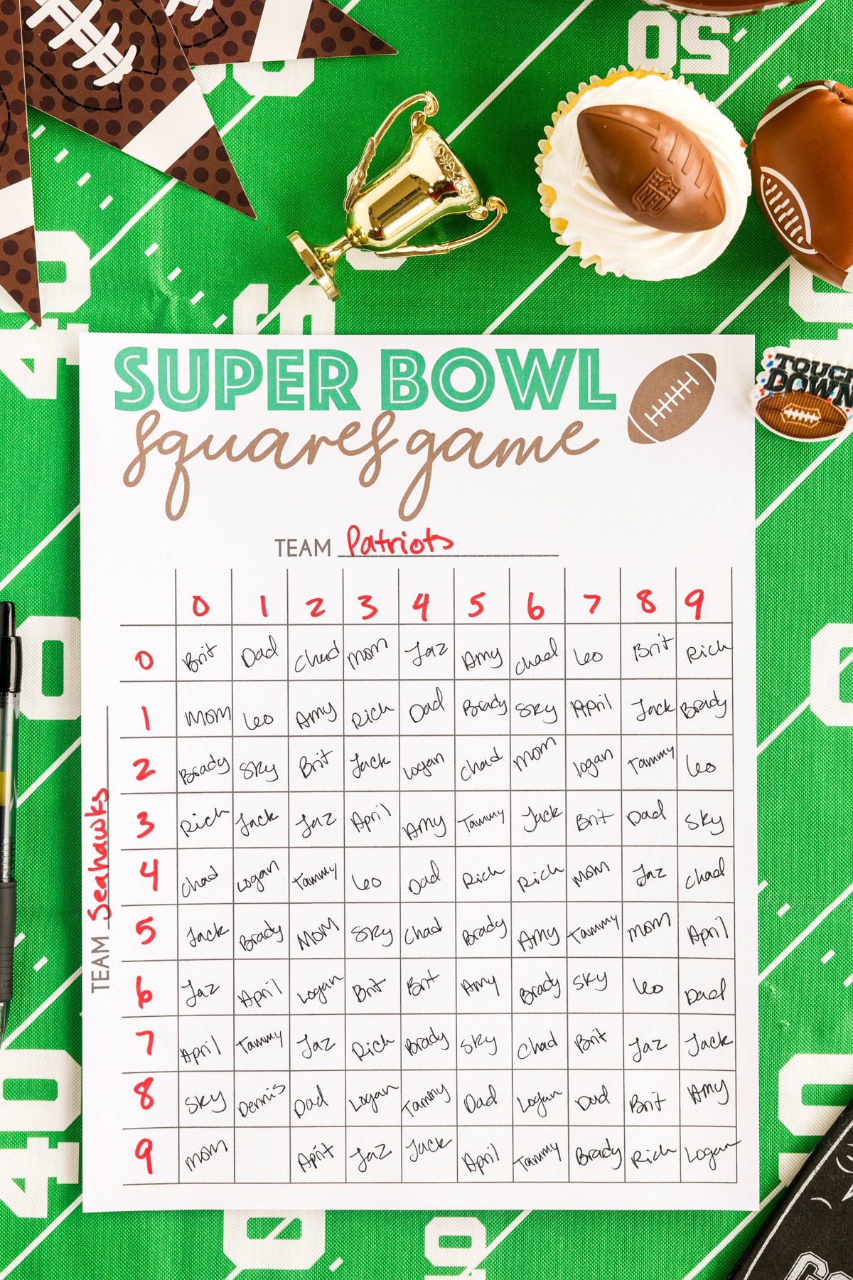 filled out Super Bowl squares template