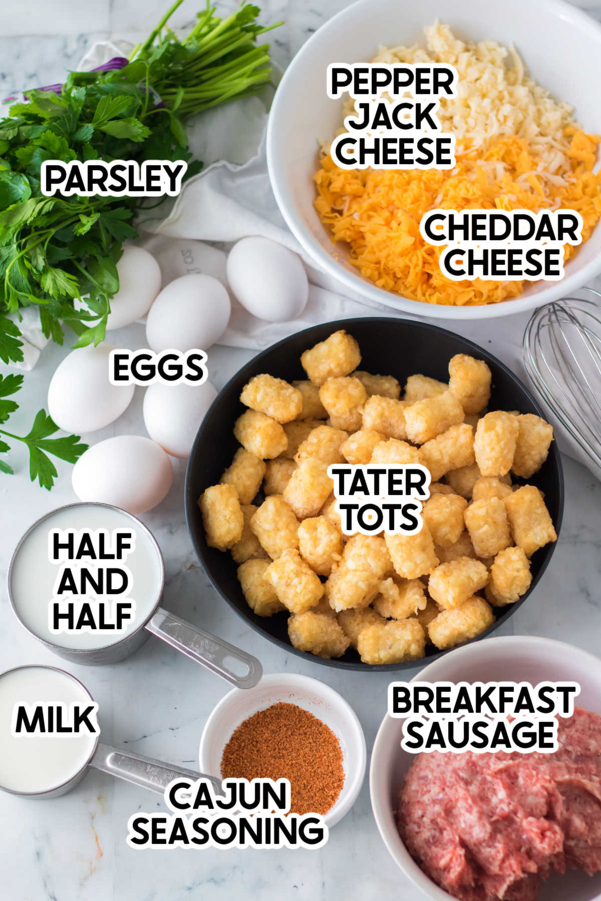 ingredients in a crockpot breakfast tater tot casserole with labels