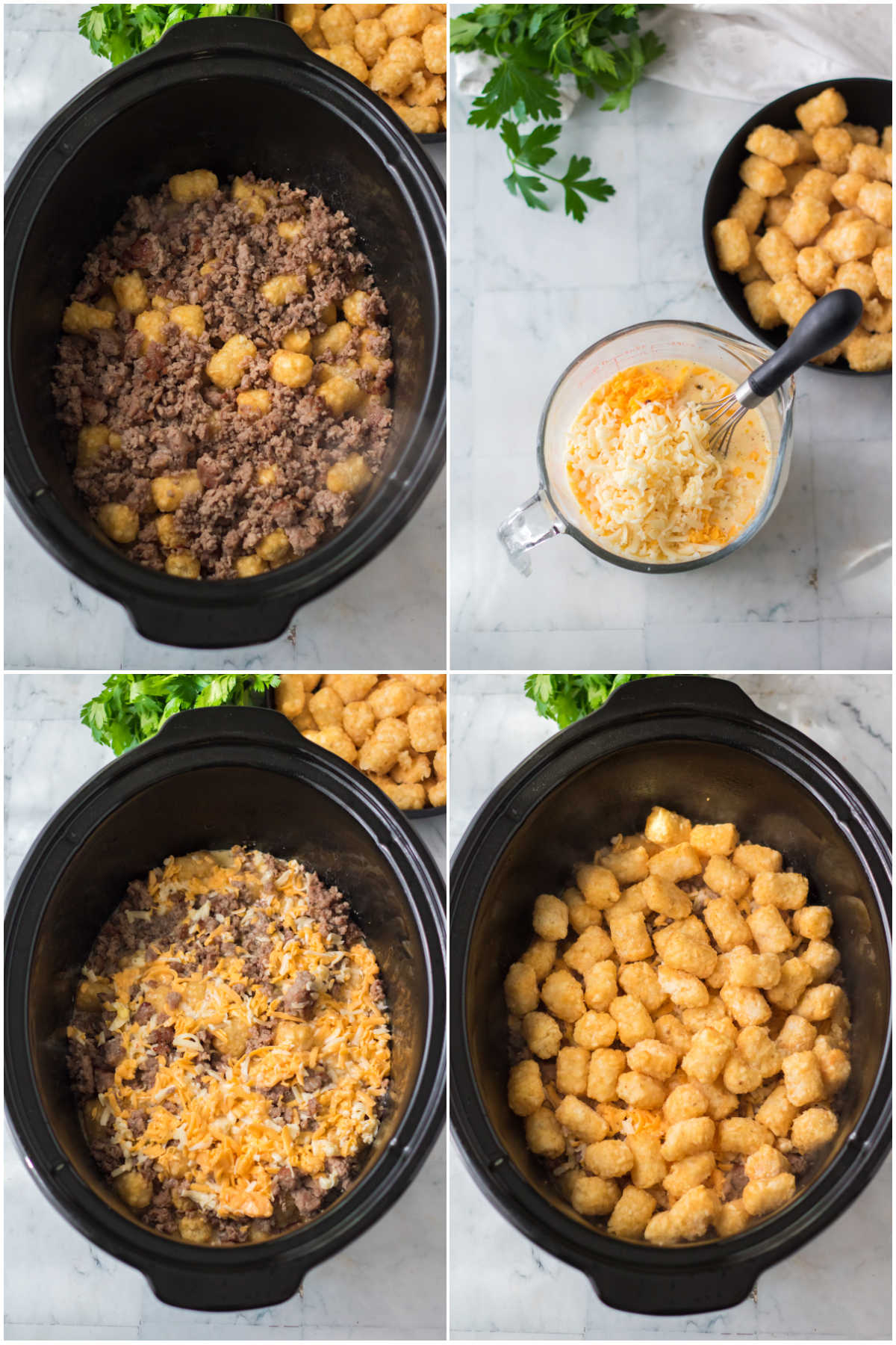 four images showing the process of adding ingredients for tater tot casserole to a crockpot