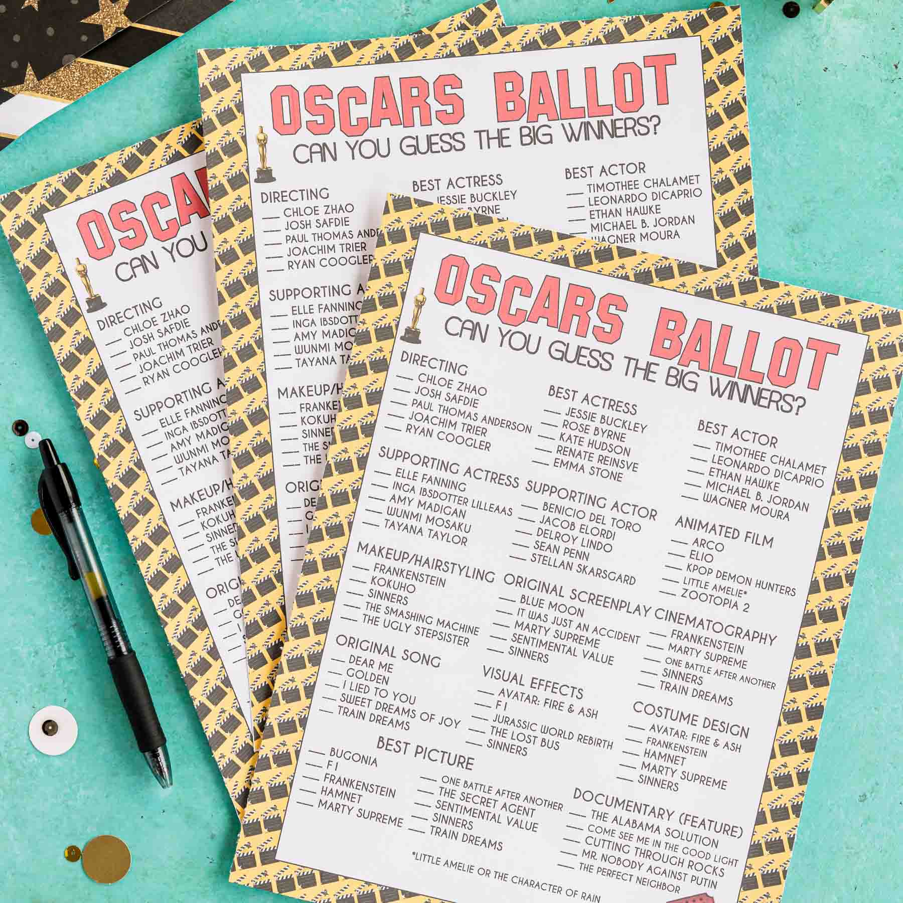 Free Printable 2026 Oscars Ballot