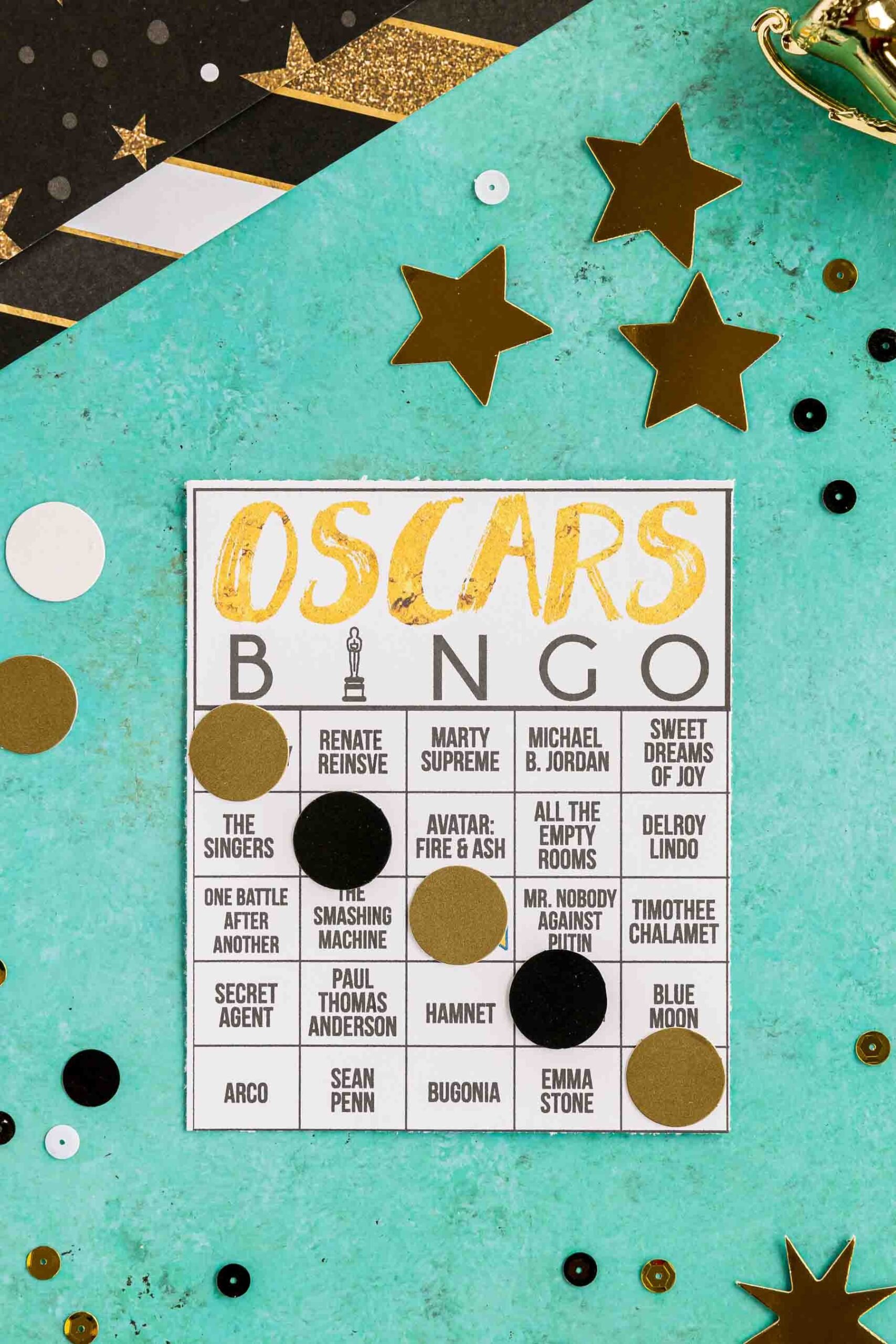 Oscar bingo game with five spaces marked across