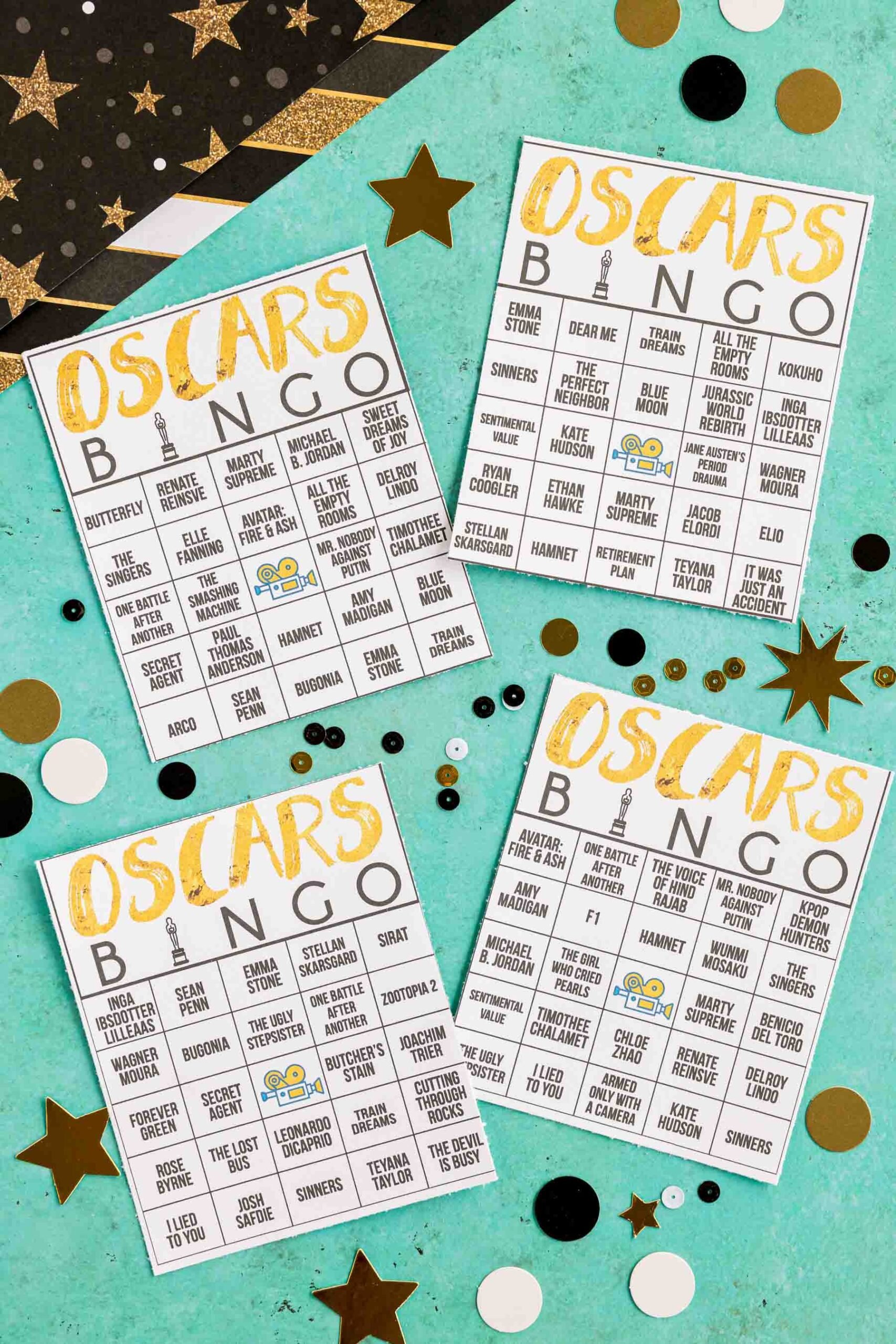 four Oscar bingo game cards 