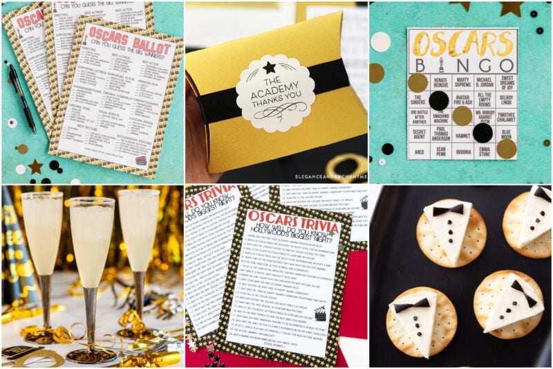 six images showing Oscar party ideas