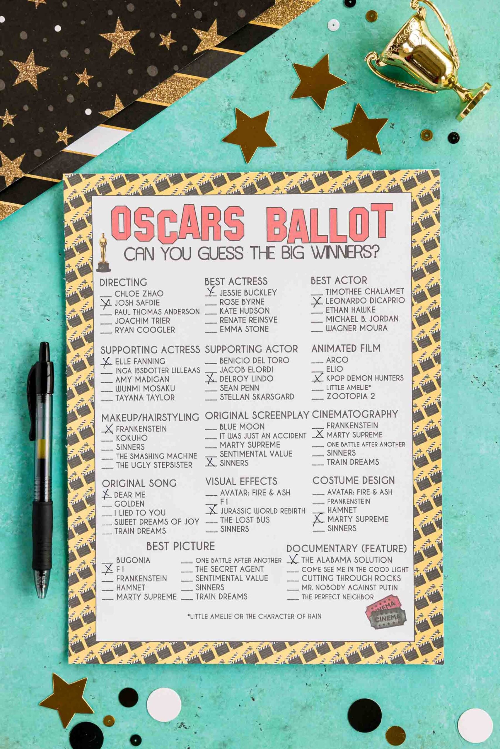 printed out Oscars ballot