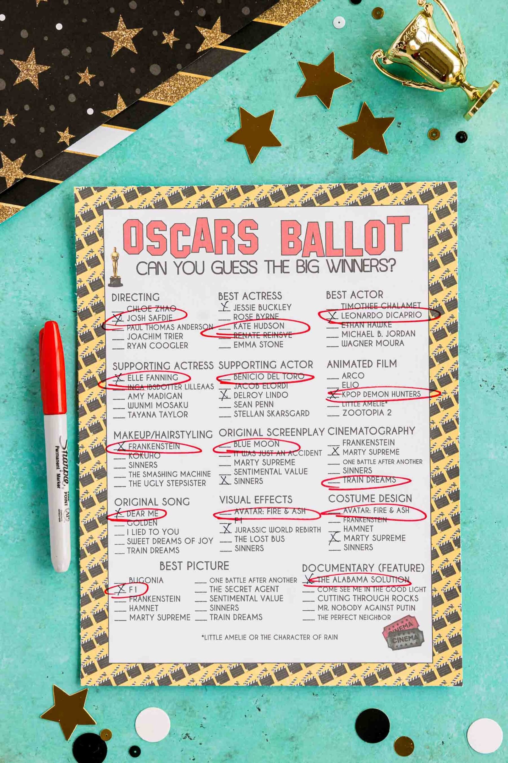 printed out Oscars ballot with 2026 nominees circled