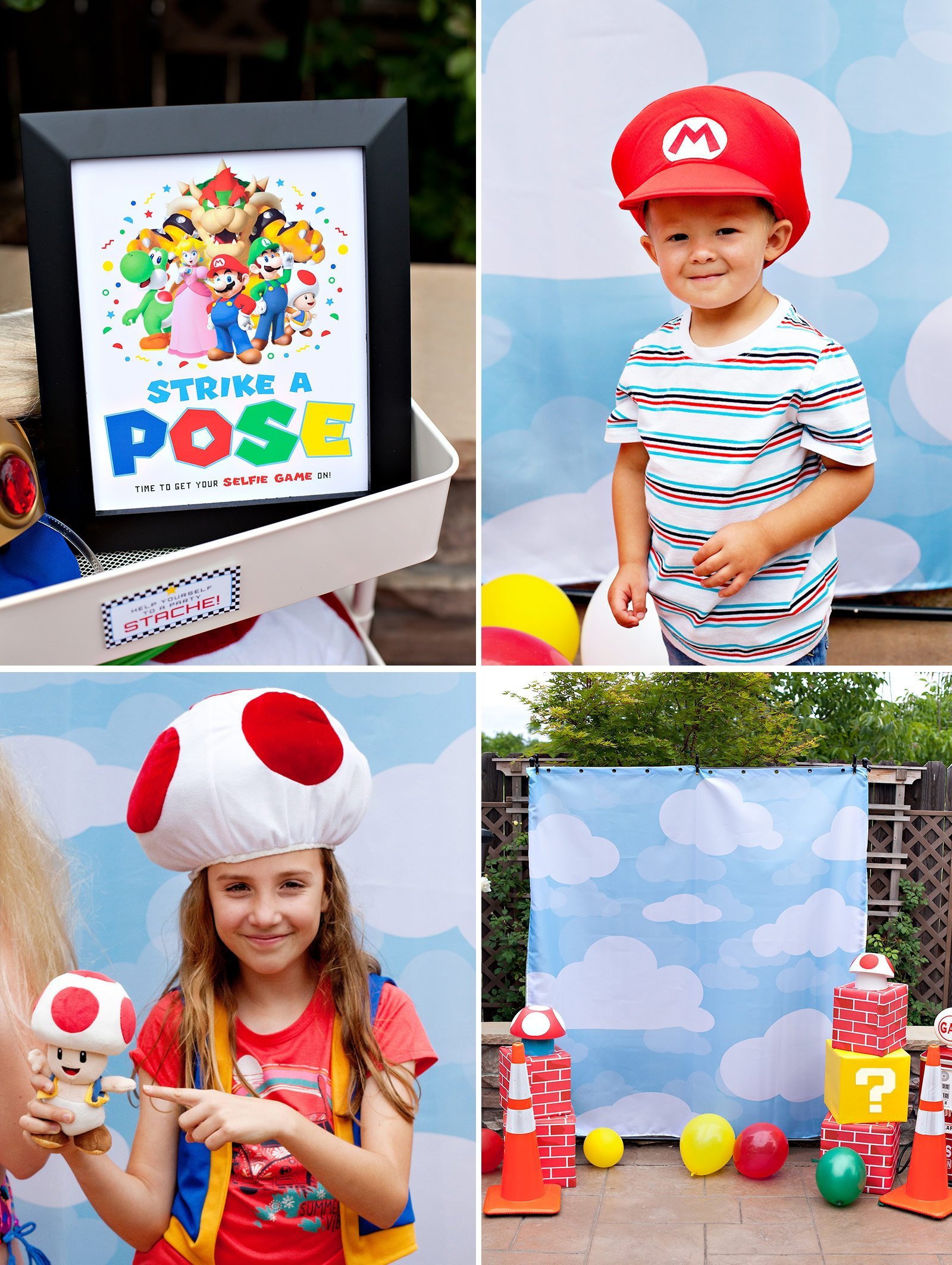 four images in a collage showing a mario photo booth