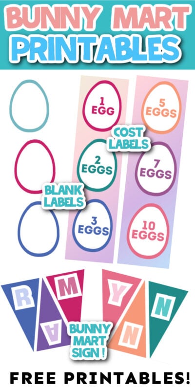 buny mart printables in a collage with text labels