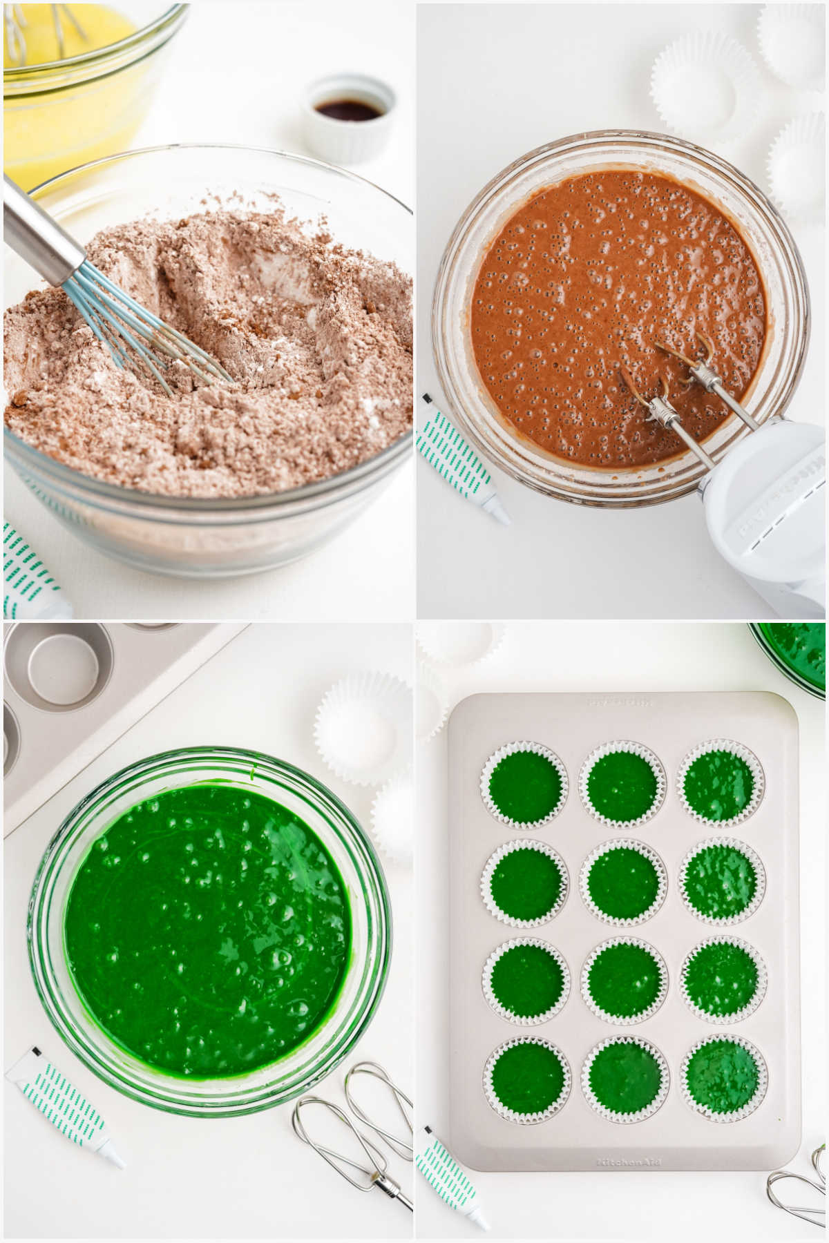 four images showing making green velvet cupcakes