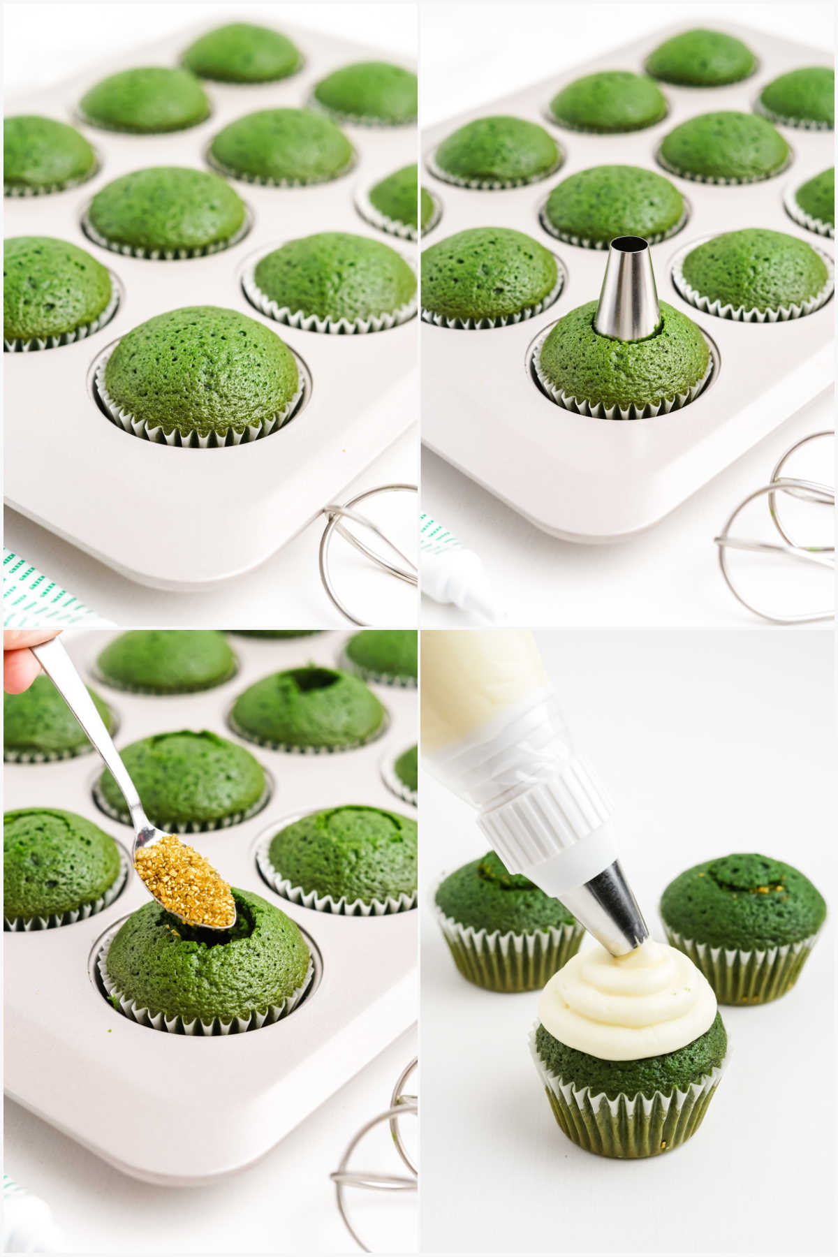 four images showing filling and frosting green cupcakes