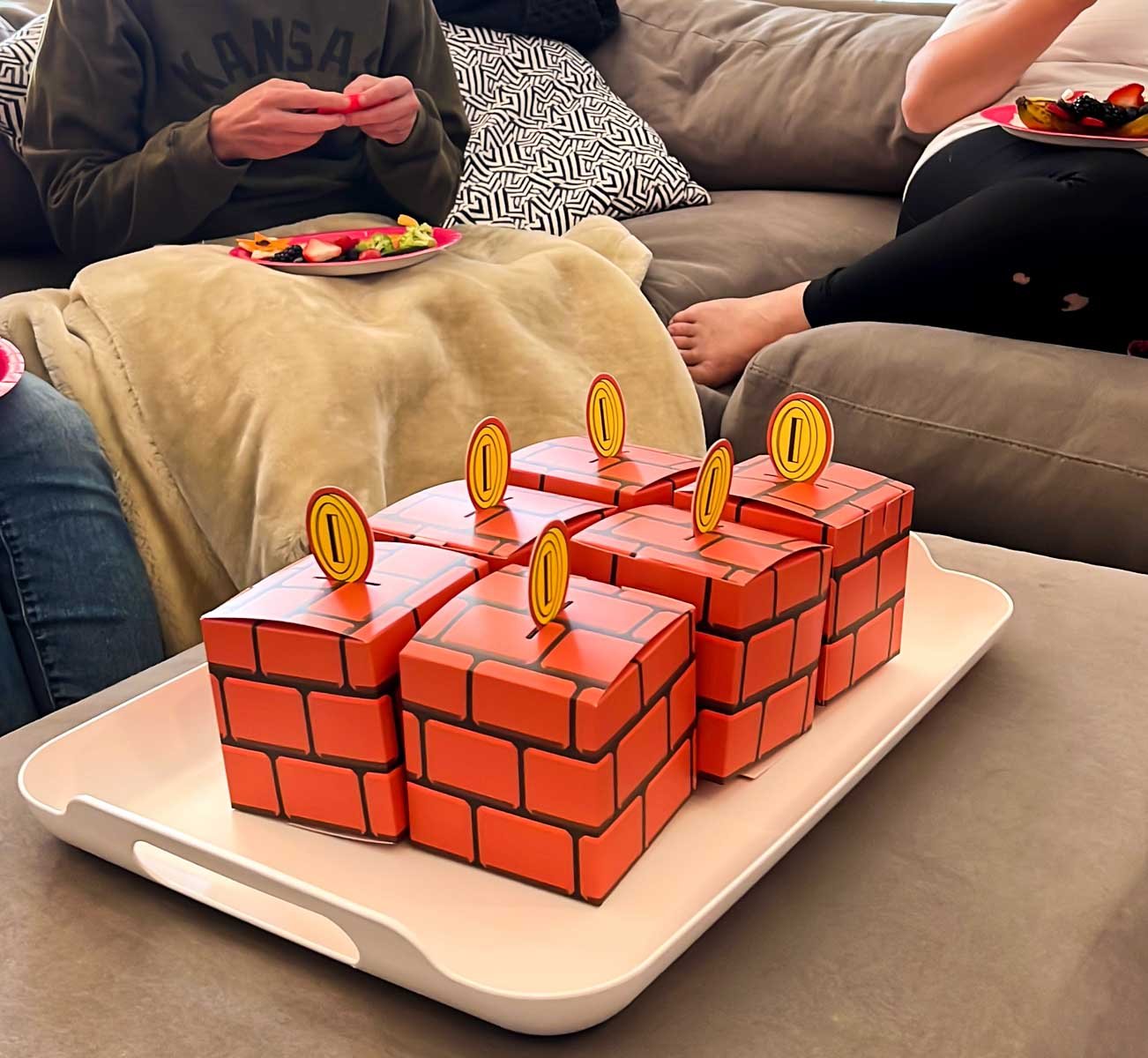 Super Mario coin bricks on a white tray