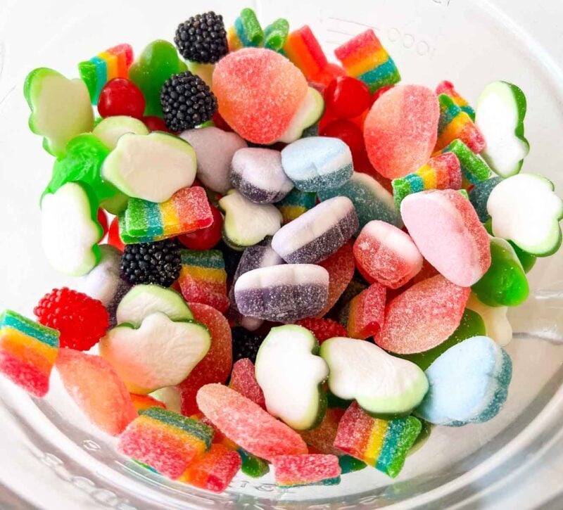 Super Mario candy salad in a glass bowl