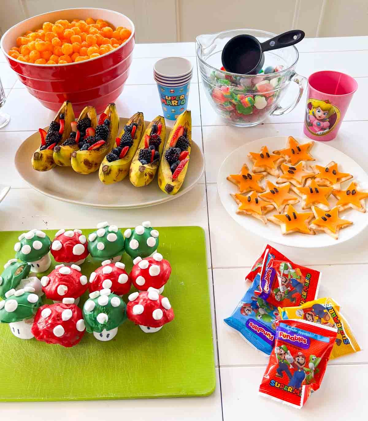 Super Mari food items on a white table