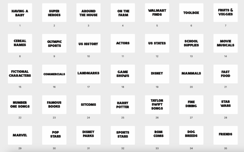 35 white squares with categories on them