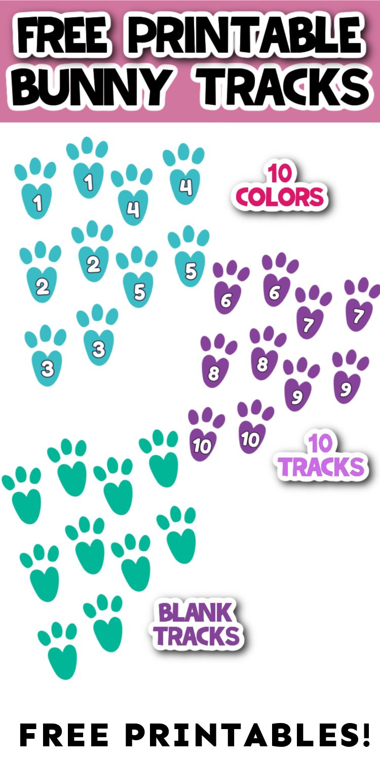 three sets of colored bunny tracks with text talking about free printables