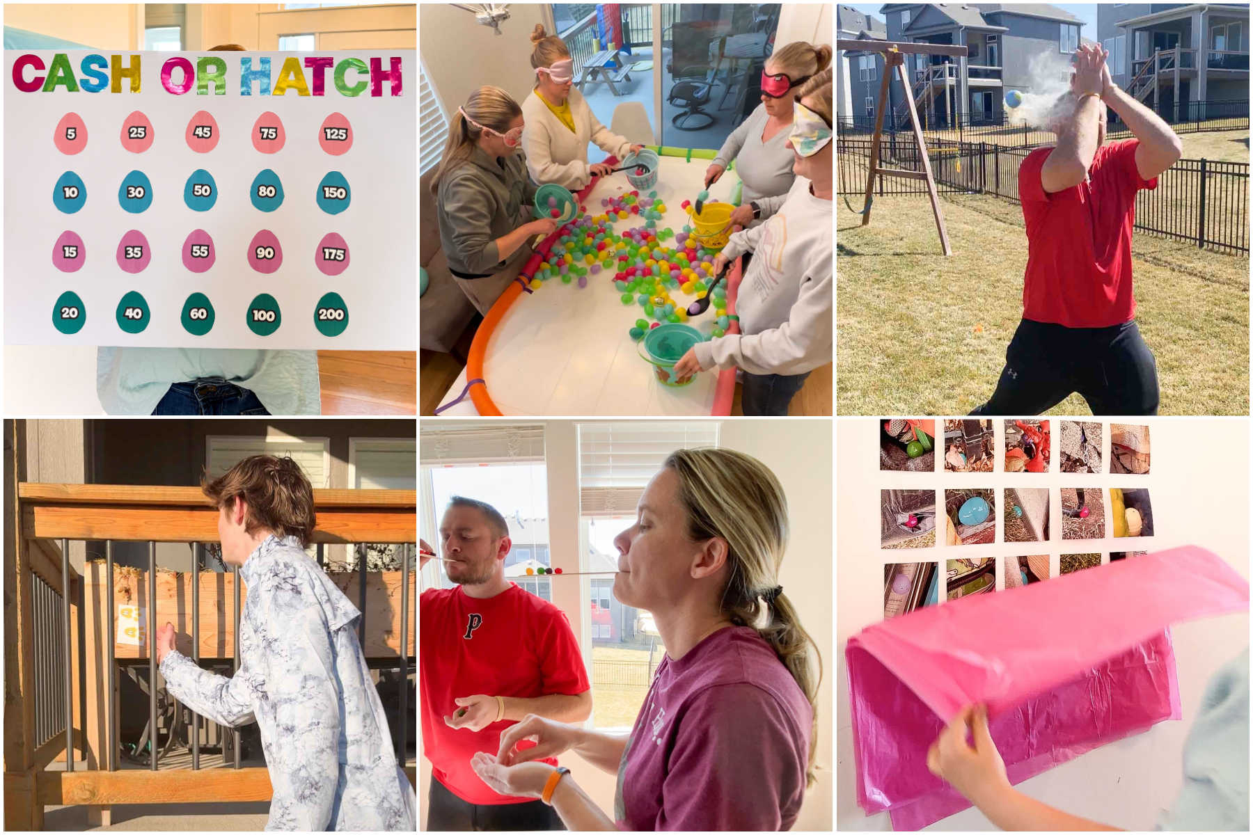 six images showing people playing Easter games