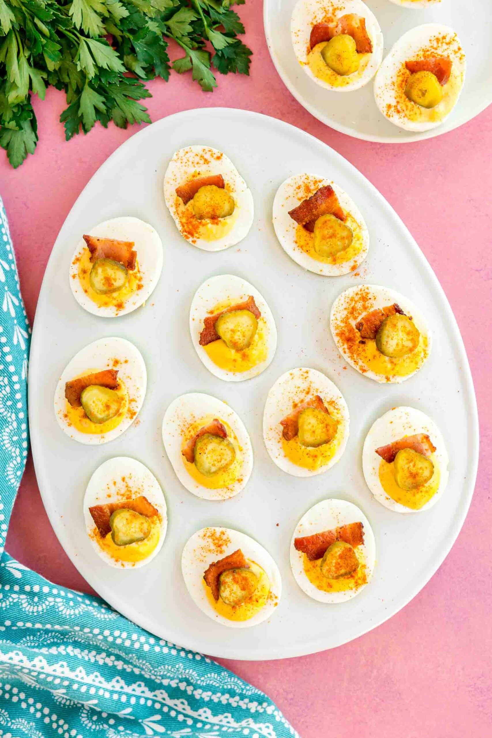 white plate of million dollar deviled eggs