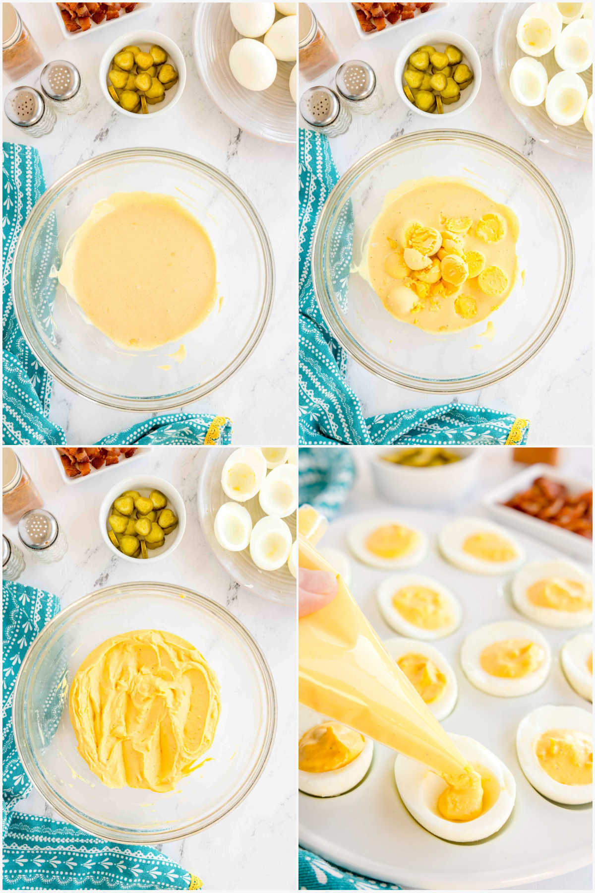 four image collage showing making deviled egg filling