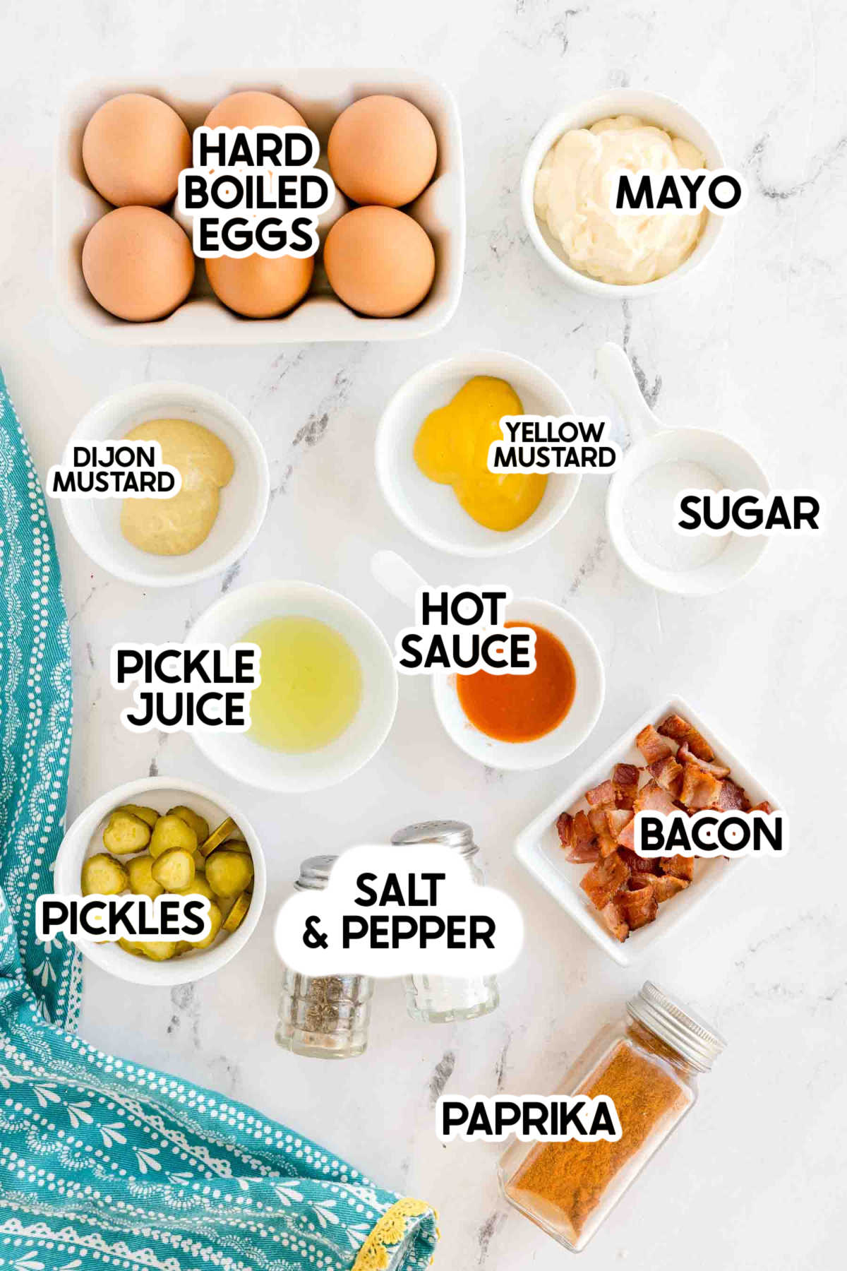 ingredients in million dollar deviled eggs with labels