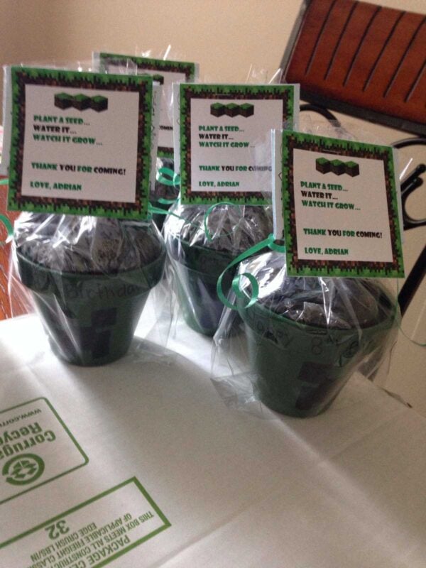 green planters with soil and paper tag