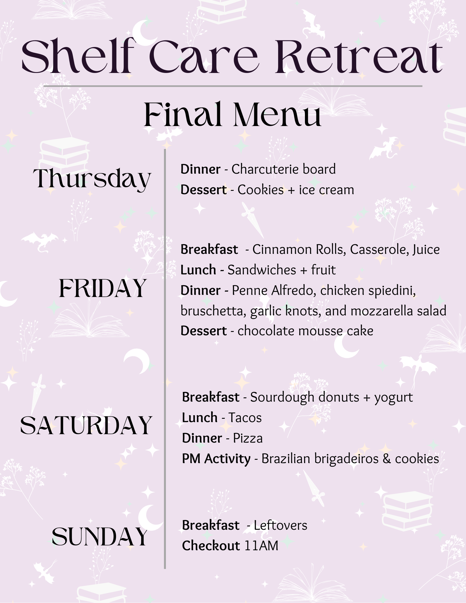book retreat menu with breakfast, lunch, and dinner meals
