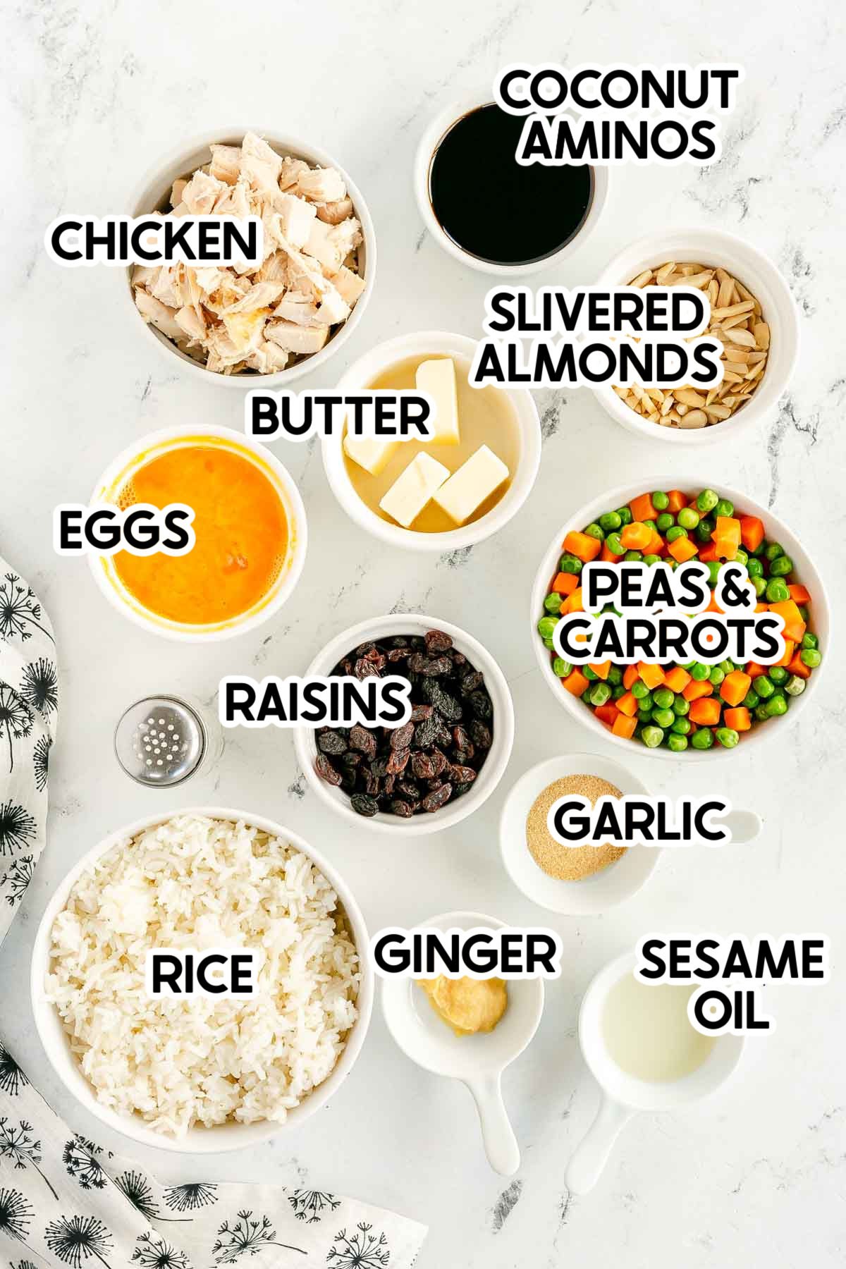 ingredients in rotisserie chicken fried rice with labels