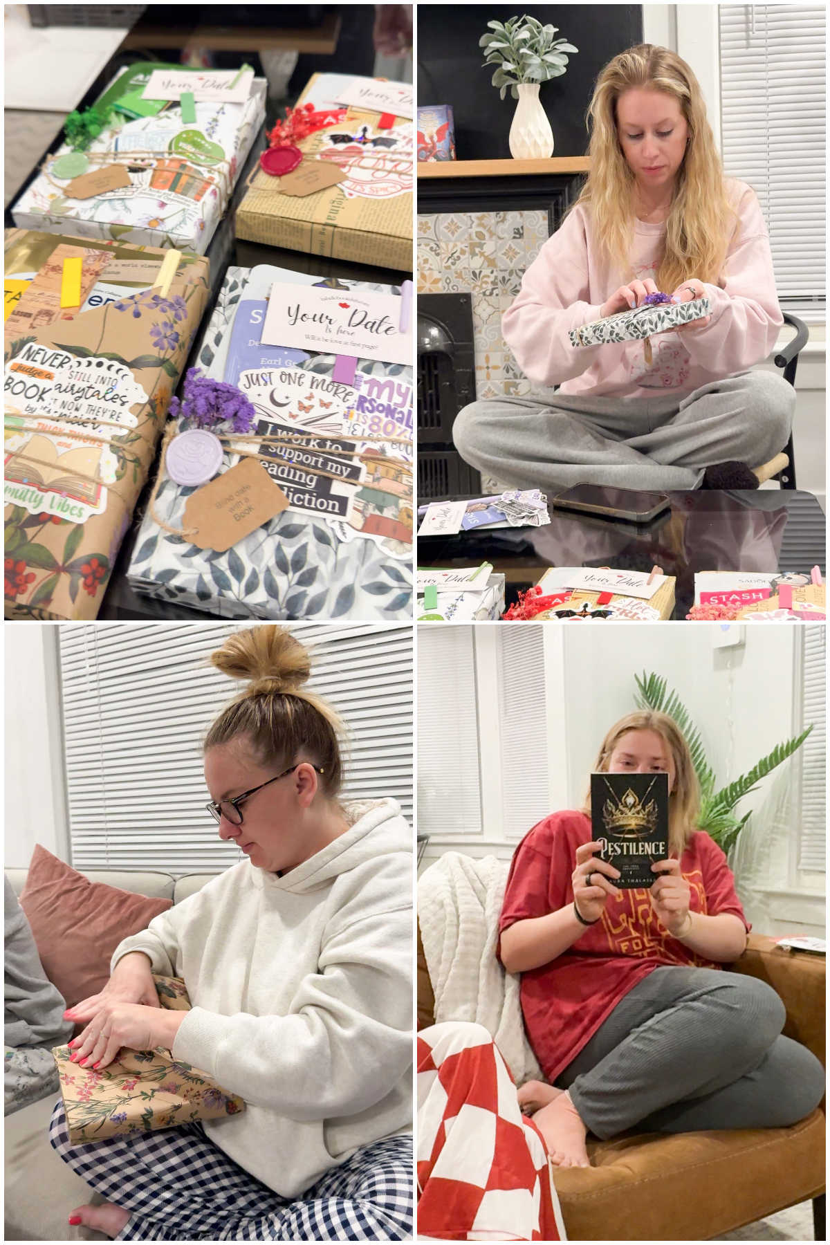 four images showing women opening books