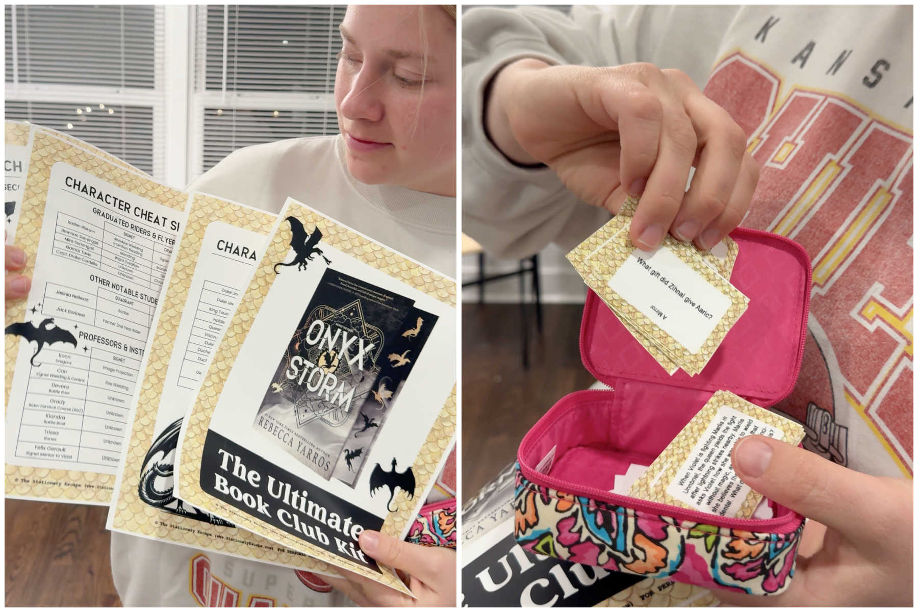 two pictures showing a woman holding an onyx storm book club discussion