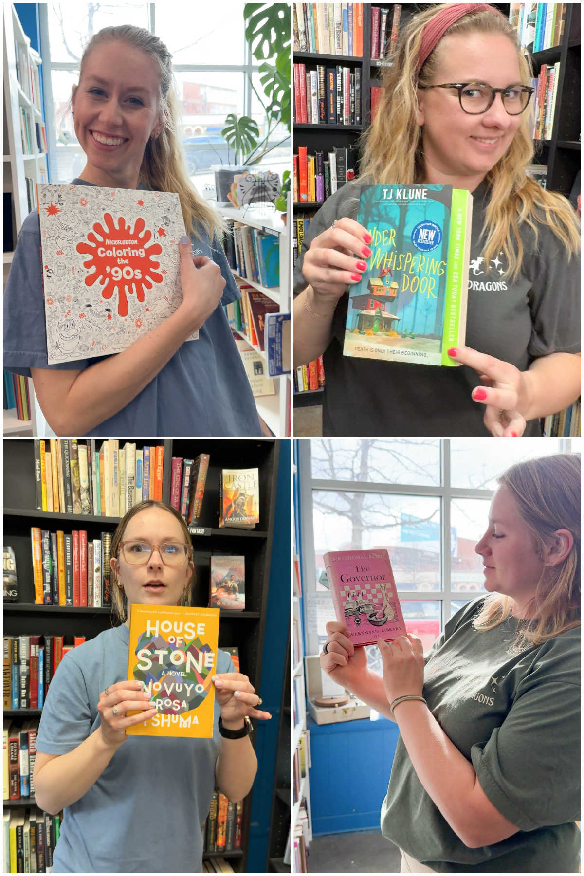 four pictures of women holding up books in bookstores
