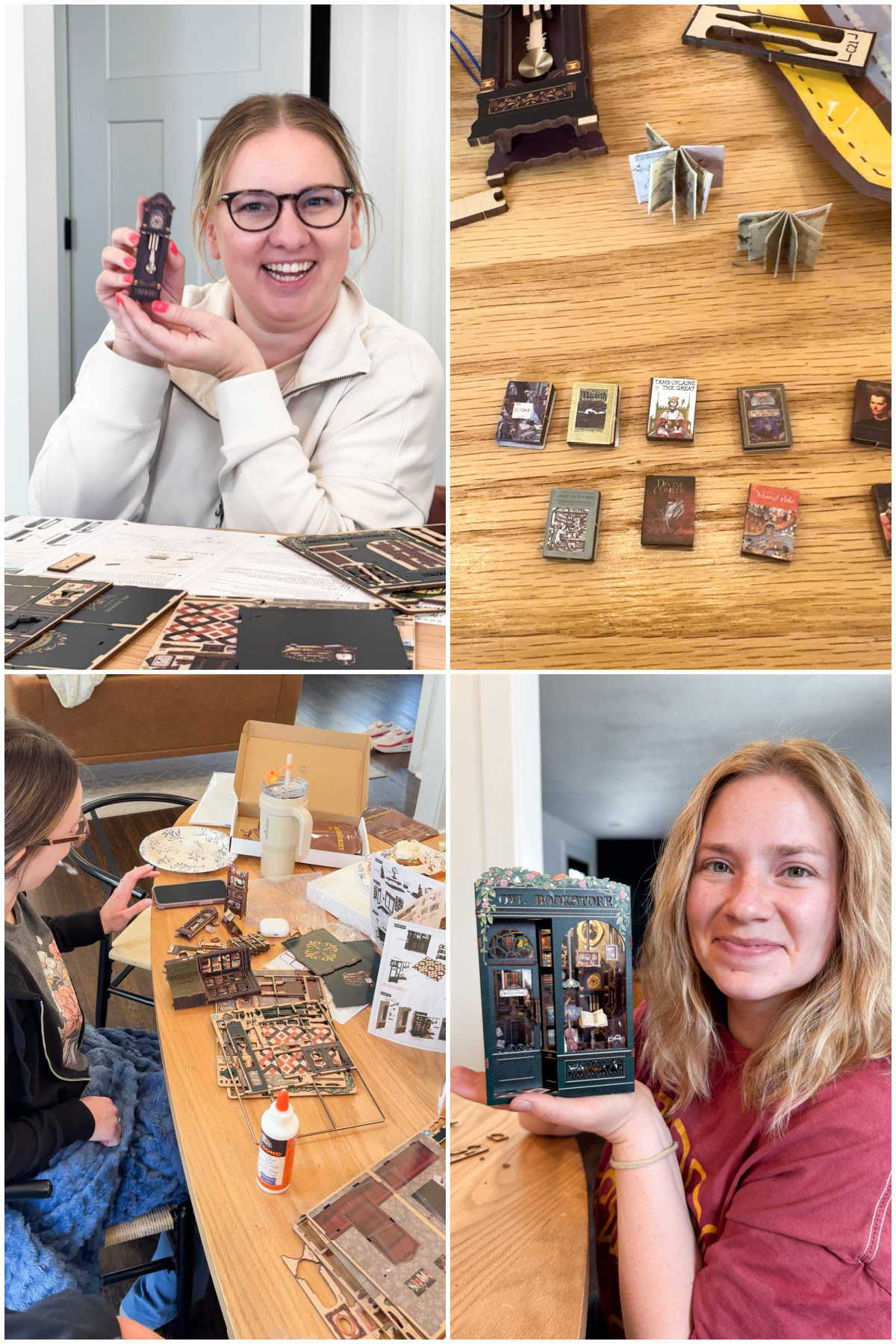 four images showing women making mini bookstores at book retreat