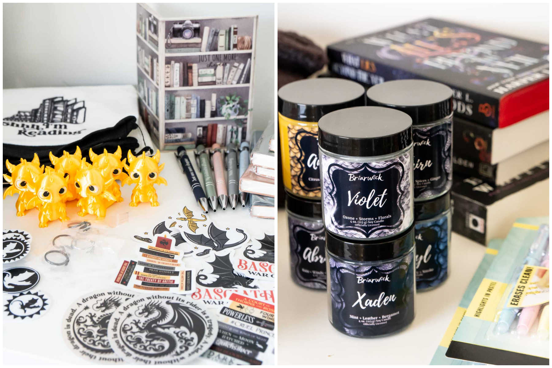 dragons, stickers, candles, and other items on a white desk