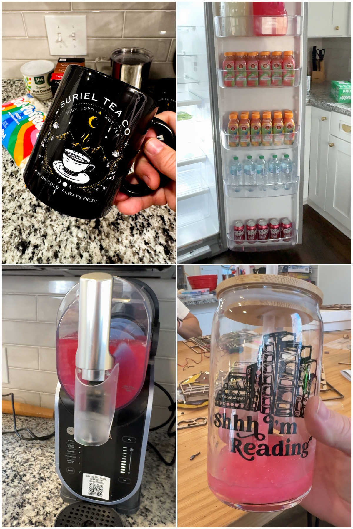 four images showing various drinks at a reading retreat