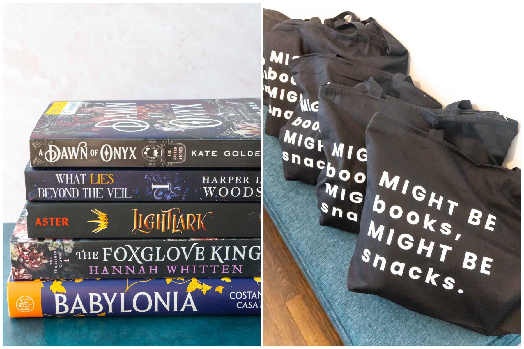 books and book swag bags on a bench