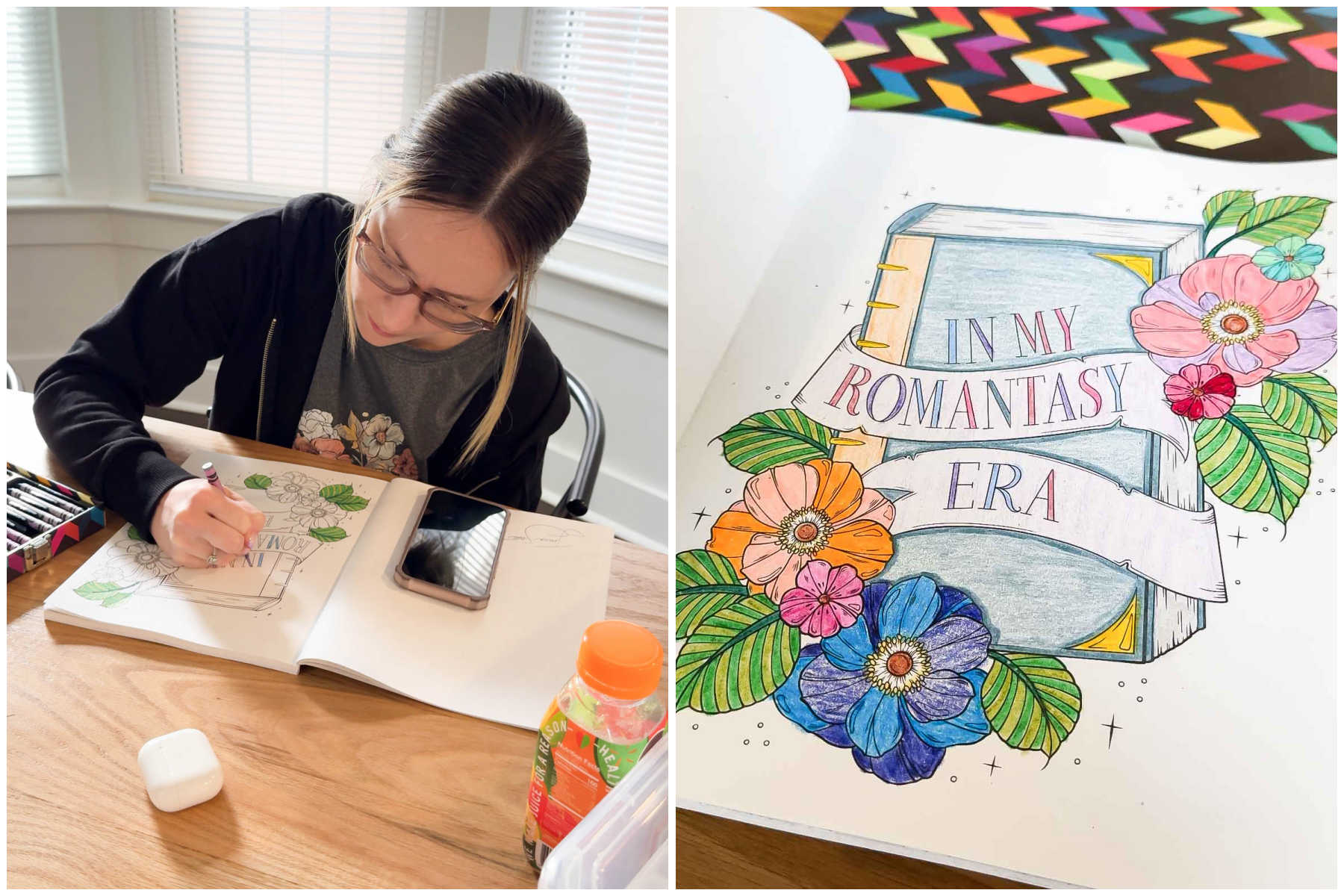 a woman coloring a picture and the colored picture in a collage