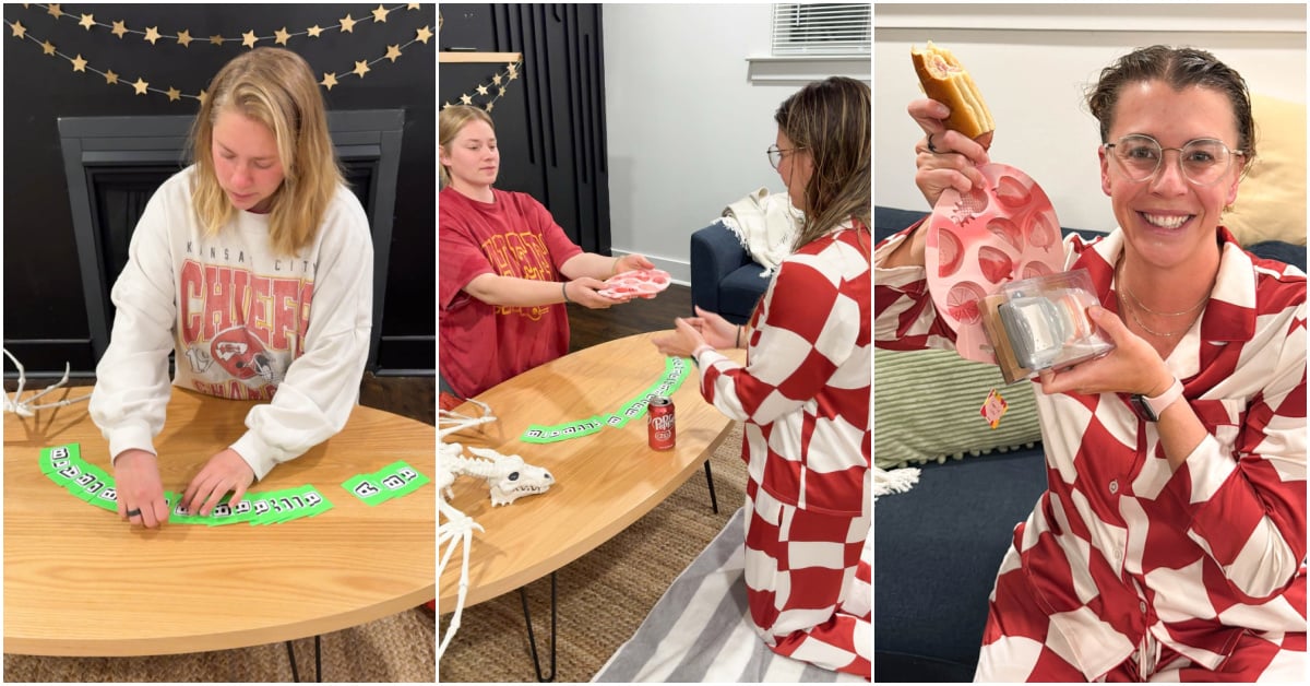 three images showing women playing a book game with green cards