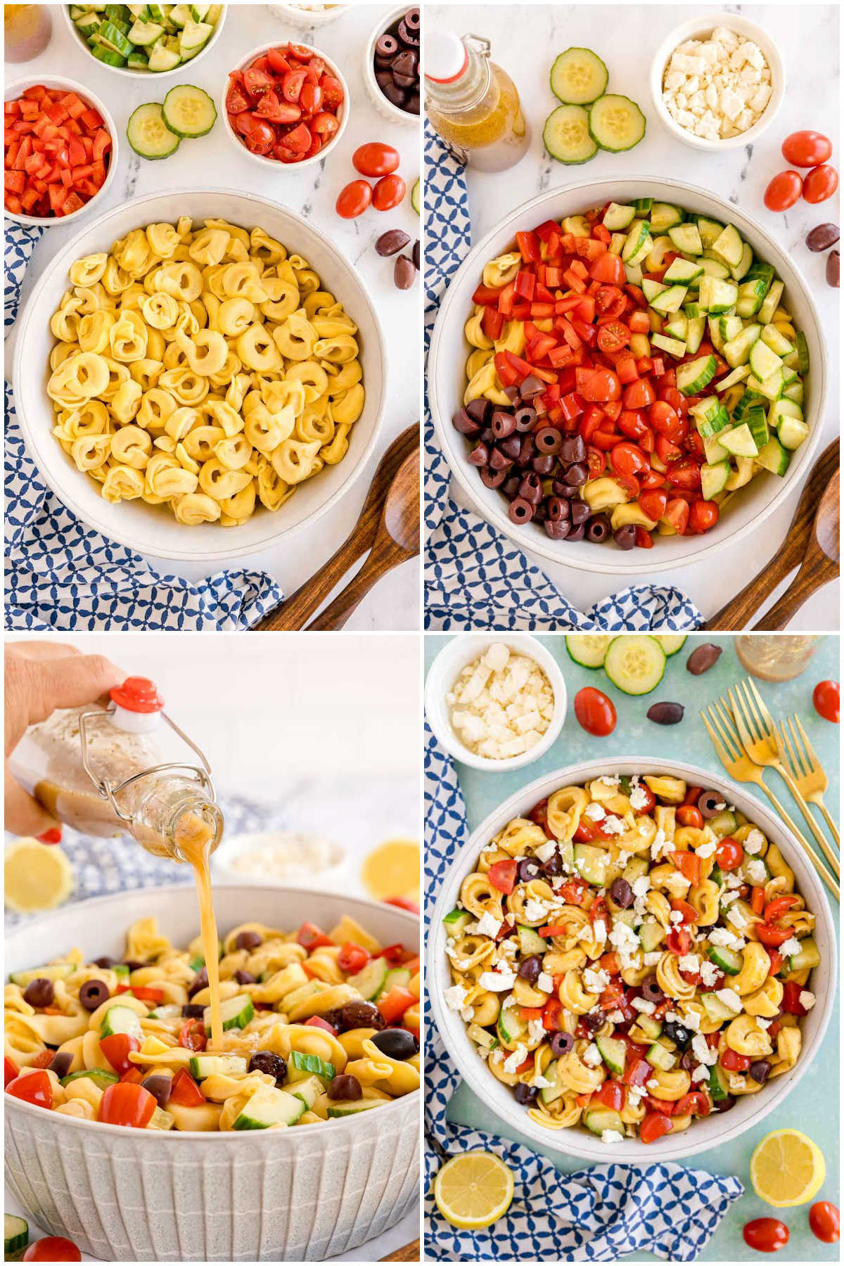 four images showing mixing up a greek tortellini pasta salad