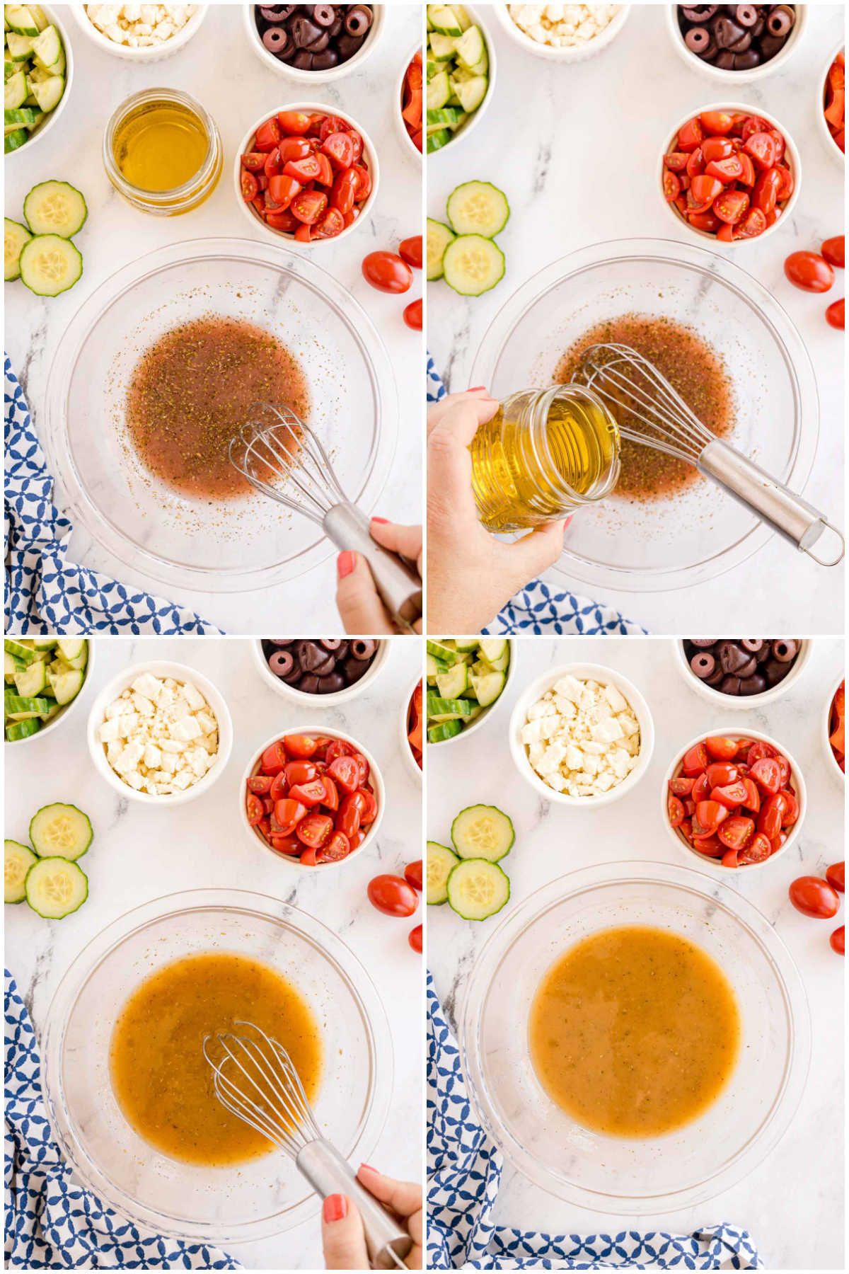 four images showing making a dressing for greek tortellini pasta salad