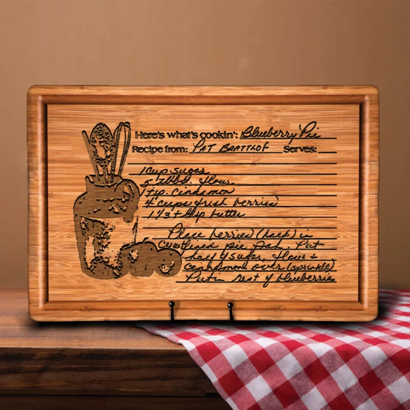 cutting board with a recipe card on it
