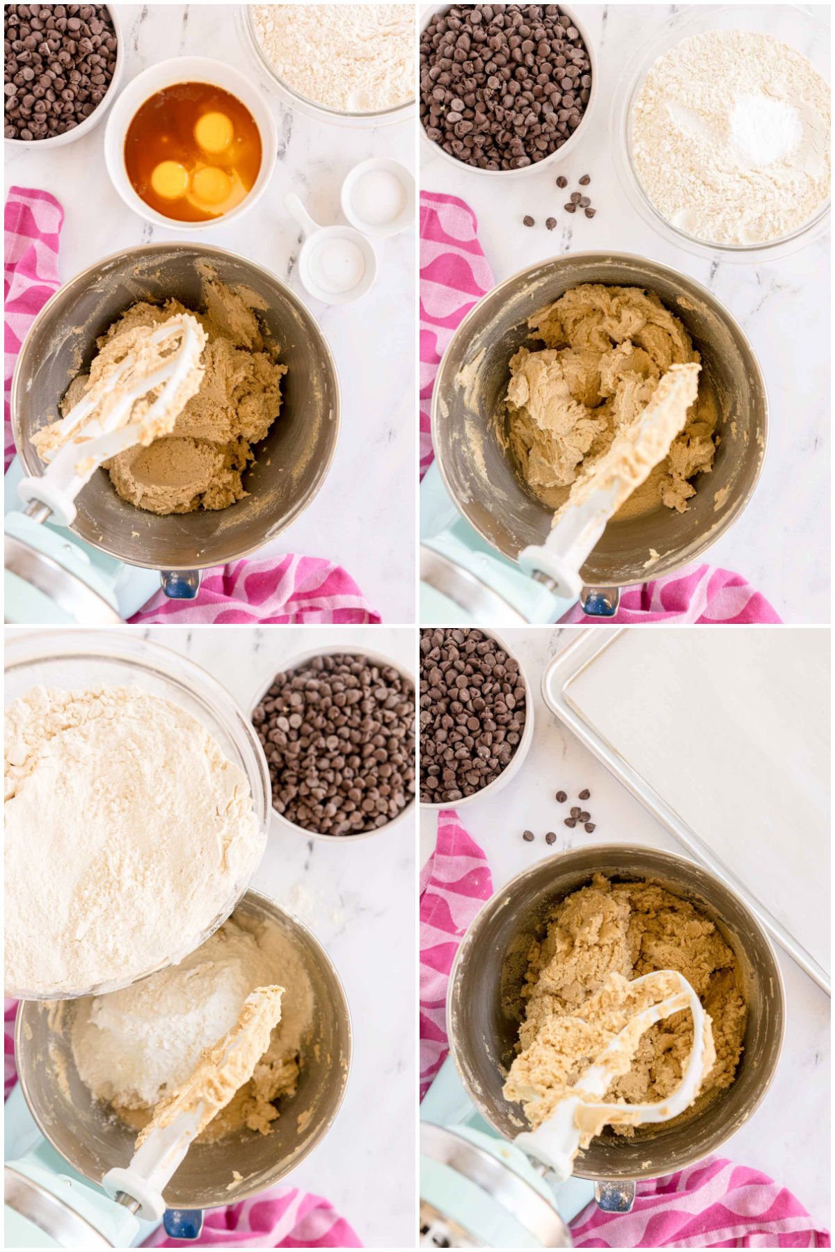 four images showing making a large batch of chocolate chip cookies