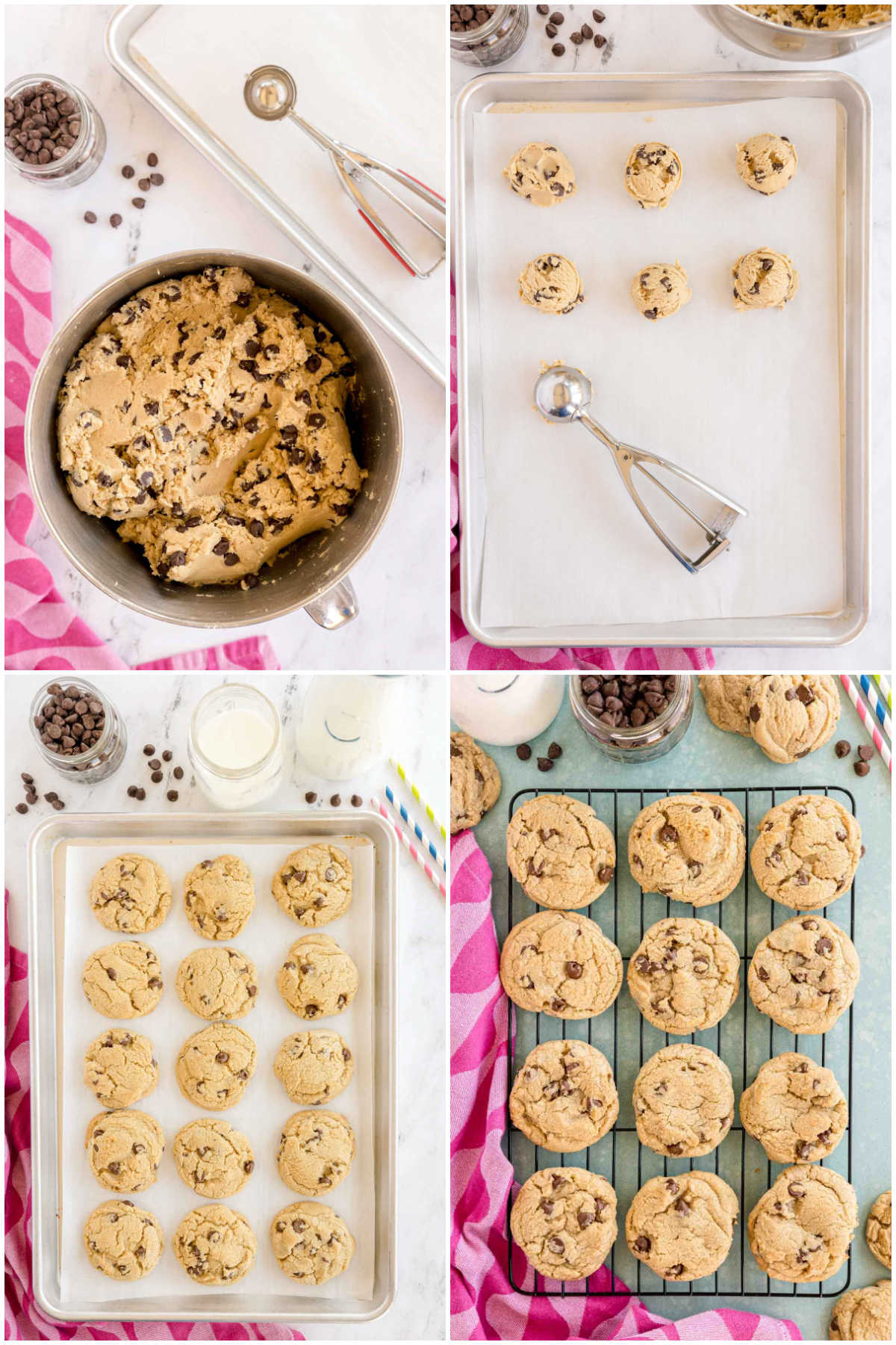 four images showing baking chocolate chip cookies