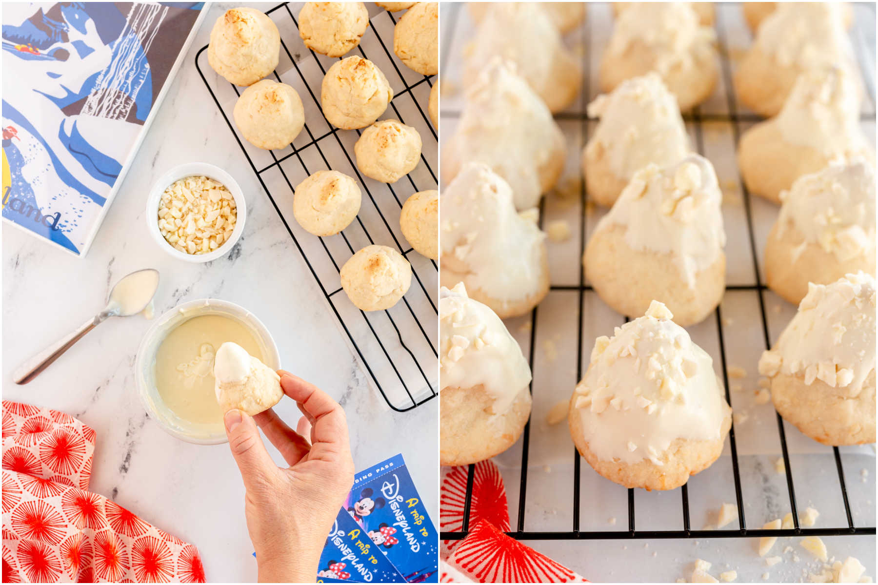 two images showing dipping macaroons in white chocolate