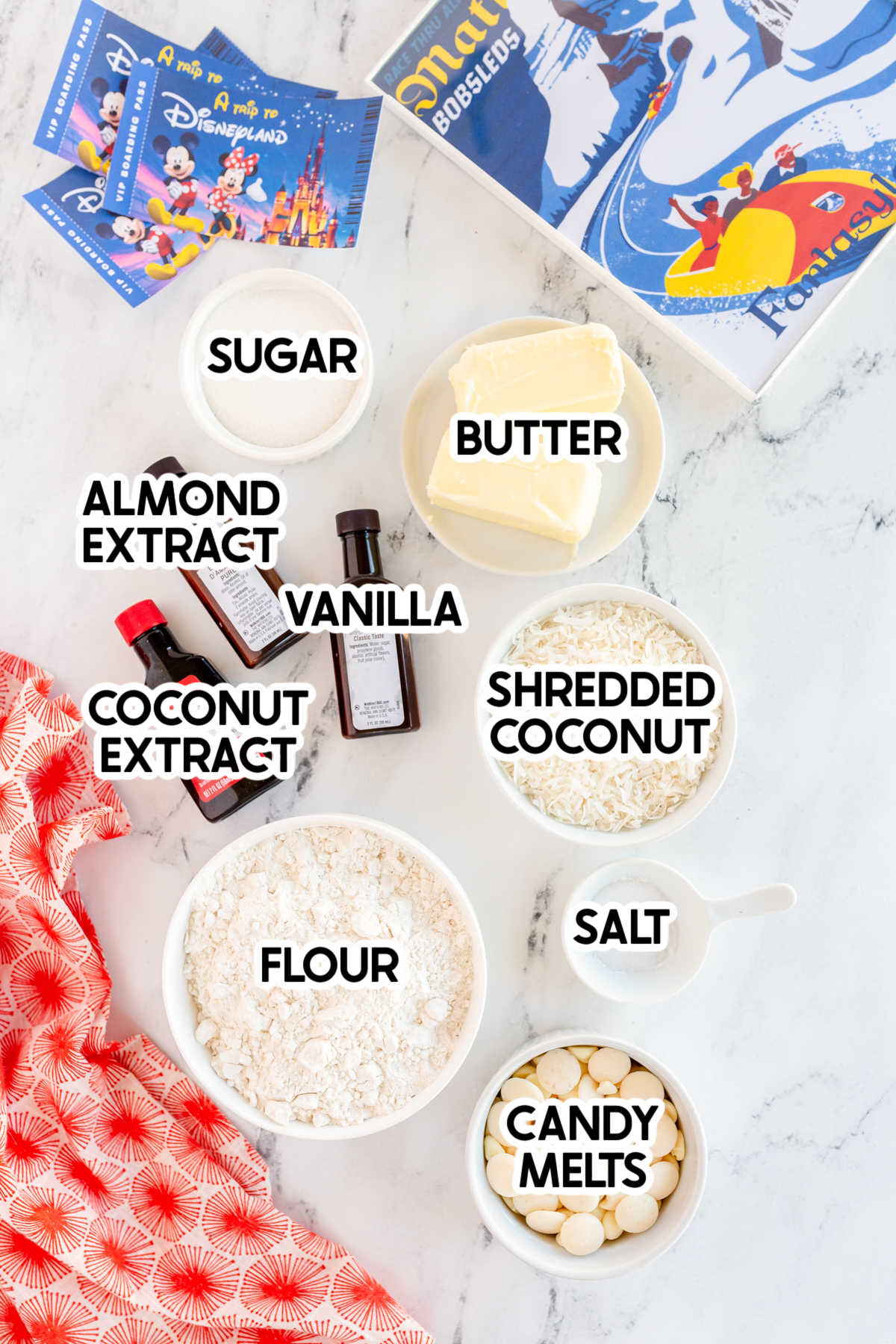 ingredients in a copycat Disneyland matterhorn macaroon recipe with labels