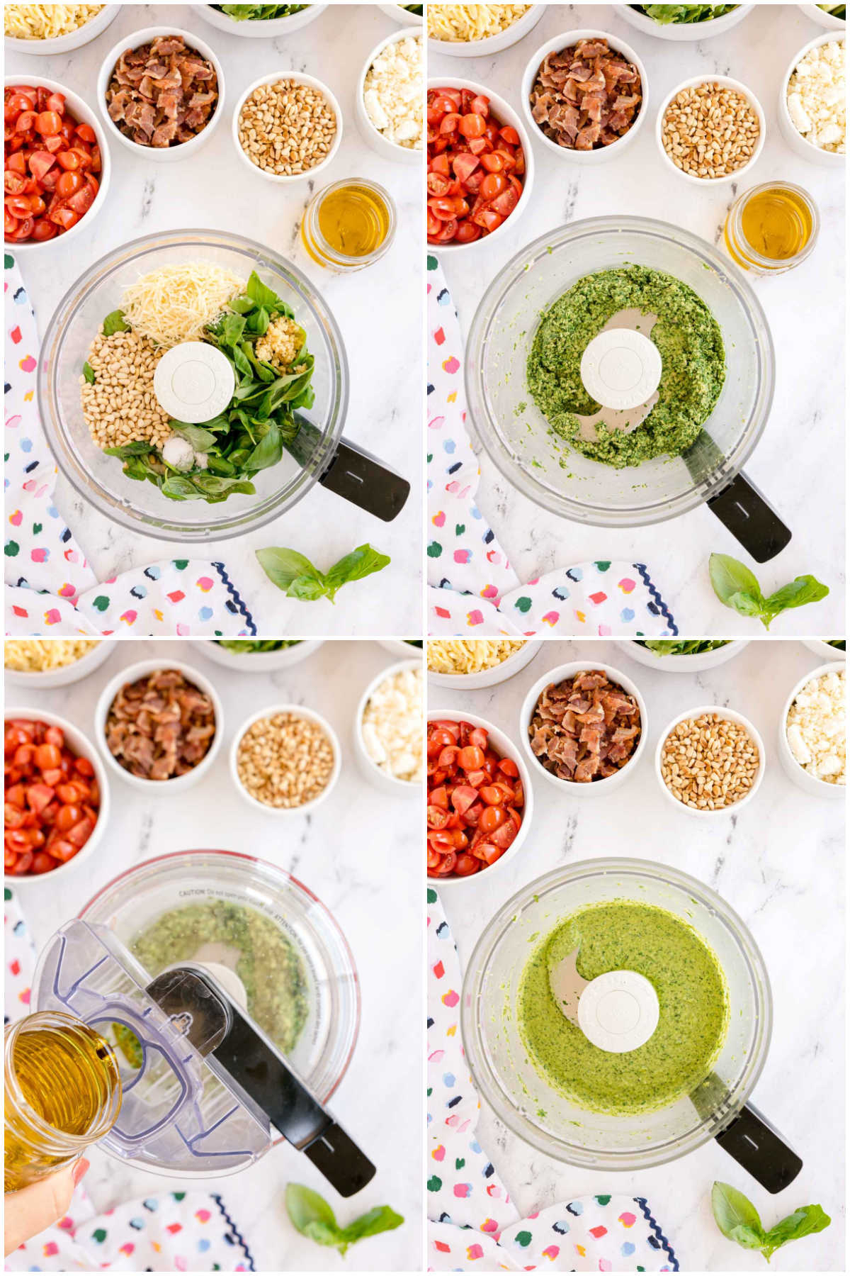 four images showing how to make basil pesto