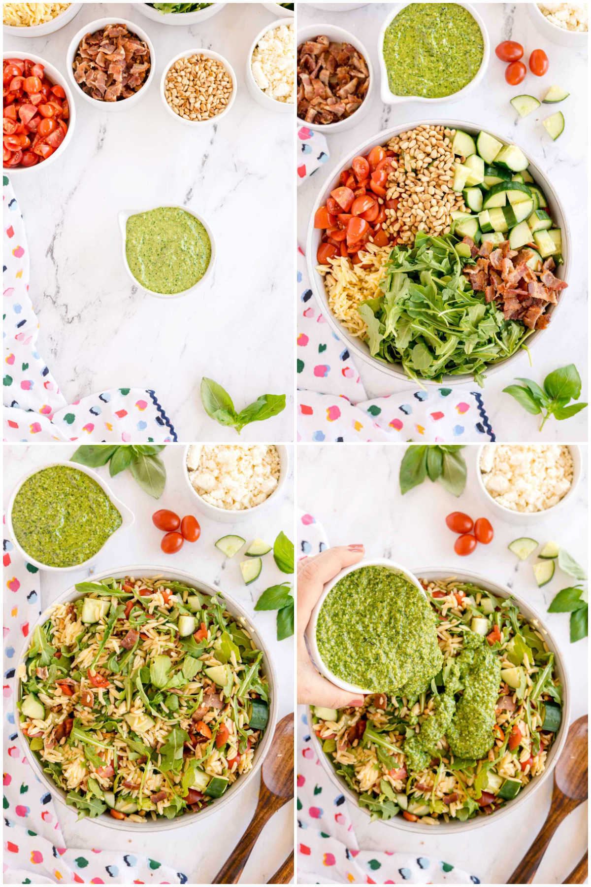 four images showing making pesto orzo salad