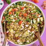 bowl of pesto orzo salad